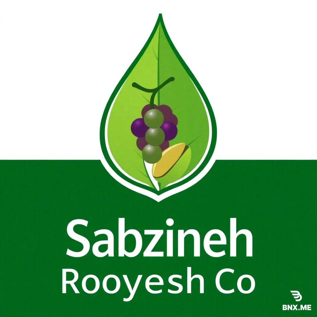 Professional premium square logo for "Sabzineh Rooyesh Co" agricultural company. Main typography: bold modern sans-serif English text "Sabzineh Rooyesh Co" placed prominently at the bottom in large uppercase letters, completely readable and centered.  Main icon above text: an elegant elongated lanceolate leaf with visible veins seamlessly morphing into a protective water droplet that also forms a shield outline. This symbolizes plant protection and fertilizers.  Within the leaf's negative spaces, naturally integrated elements: a small delicate grape cluster containing 4-5 round berries attached to a curved thin stem, and a single pistachio nut featuring its iconic split shell. These should look like they belong to the leaf structure.  Color palette strictly: primary dark emerald forest green (#1A4A2F) for outlines and shield, vibrant spring green (#66BB6A) and matcha green (#88C057) for the leaf and droplet body, and subtle warm earth brown (#A0522D) and khaki (#C3B091) ONLY for the grape stem and pistachio details.  Style: ultra-minimalist vector art, 2D flat design with a whisper of linear gradient depth, razor-sharp crisp edges, high contrast, pure solid white background, no textures, no shadows, no clutter.  Composition: perfectly centered, symmetrical balance on vertical axis. The bottom 25% of the square canvas is deliberately left clean for the bold text.  Aesthetic: corporate agribusiness branding, scientific innovation combined with natural growth, trustworthy and premium quality, professional Instagram profile picture ready.  Final output: square format 1:1 aspect ratio, high resolution, sharp details, minimalist yet powerful.