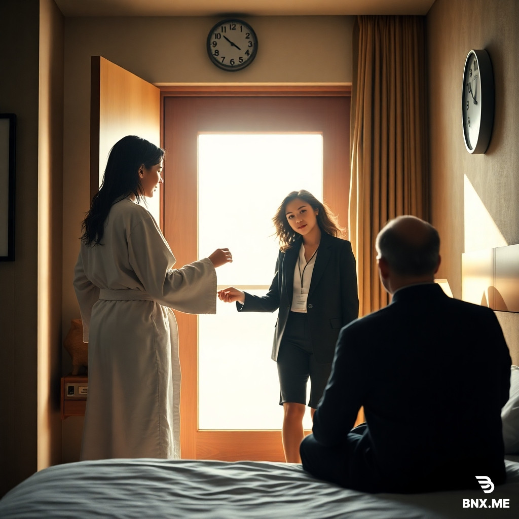 Hotel room scene, view from the bed toward the door. A woman with wet hair stands at the door in a white bathrobe. The robe is open, untied, slipping off one shoulder, revealing it. She gently holds the hand of a young woman in a business jacket and white blouse with a large bust, inviting her inside. The young woman wears a name badge. A man sits on the bed watching them. Morning light streams through the window. Round wall clocks above the door show around 12:00. Realistic style, cinematic lighting, soft shadows, high detail, 8k.