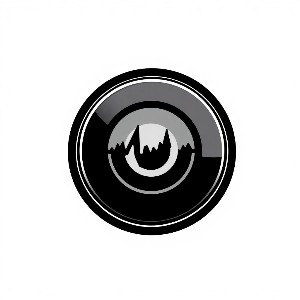 A minimalist logo design for a concert photographer. A circular camera lens icon where the inner glass reflection is replaced by a stylized, jagged soundwave line. The lens rim has a slight punk rock, stencil aesthetic. Vector flat design, black on white background, no text, clean edges.
