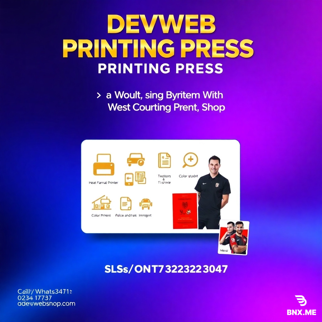 A professional, glamorous A4 portrait flyer design for a printing press shop in Ghana. The background is a luxurious gradient blending deep royal purple and bright electric blue. The layout is modern and elegant.  At the top of the flyer, in large bold gold metallic text: "DEVWEB CONSULT PRINTING PRESS". Below that, a smaller white tagline: "Your One-Stop Shop for Quality Printing."  The flyer is SINGLE sections. SECTION (Background: deep blue AND PURPLE): A clean white box with blue border. Inside, gold icons AND IMAGE OF LARGE FORMAT PRINTER, HEAT PRESS MACHINE AND T-SHIRT, COLOR PRINTER, NURSING STUDENT, POLICE AND IMMIGRATION, ALSO WHITE AND RED BACKGROUND COLOR PASSPORT SIZE PICTURE OF CRISTIANO RONALDO AND LIONEL MESSI .   Below the banner, on the left side, white text: "Call/WhatsApp: 0547177413/0204150781" and on the right side: "Location: [WANGARA LINE, TECHIMAN, BONO EAST REGION]".  Small decorative elements: faint gold stars or sparkles scattered around the flyer. The overall mood is glamorous, trustworthy, professional, and energetic. Leave a blank rectangular space at the bottom right corner for a logo or photo to be added later. The design should feel luxurious like a high-end invitation but also practical for a local business.