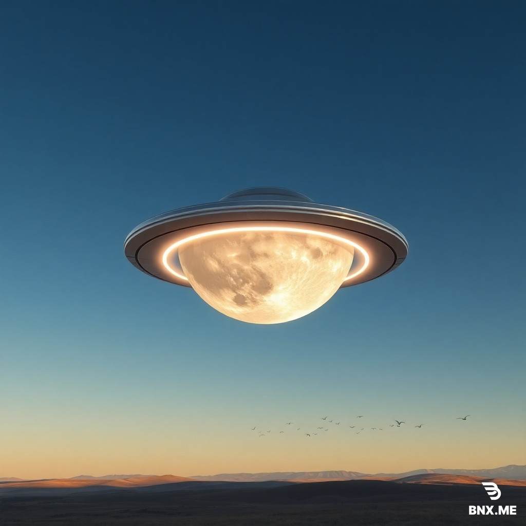 Add into the sky of this landscape: a metallic flying saucer with a glowing edge (low-angle perspective, underside visible), a realistic full moon with craters and soft glow, and a distant flock of small birds in a loose V-formation. All three objects must be lit consistently with the overall scene lighting (e.g., warm sunlight from the side). Photorealistic, seamless integration, 4K, natural lighting.