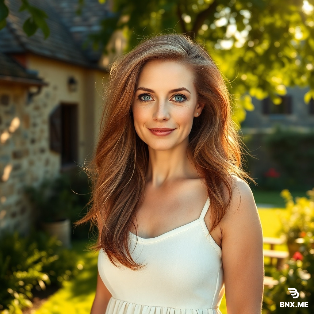 Full body shot, standing pose, full view from head to toe, of a petite, beautiful 50-year-old French woman, with an elegant and warm presence, long flowing auburn hair with natural grey streaks, bright blue eyes, a cute small nose, freckles scattered across her nose and cheeks, a warm, kind, and slightly curious expression, hourglass figure, mature and natural body, wearing a light, flowing summer dress, standing in a sunlit French countryside garden near a stone cottage, soft dappled sunlight filtering through leaves, ethereal and peaceful atmosphere, natural skin texture, detailed face and hair, soft golden hour lighting, high-quality photograph style, 8k, photorealistic, shallow depth of field, reminiscent of the actress Amy Adams.