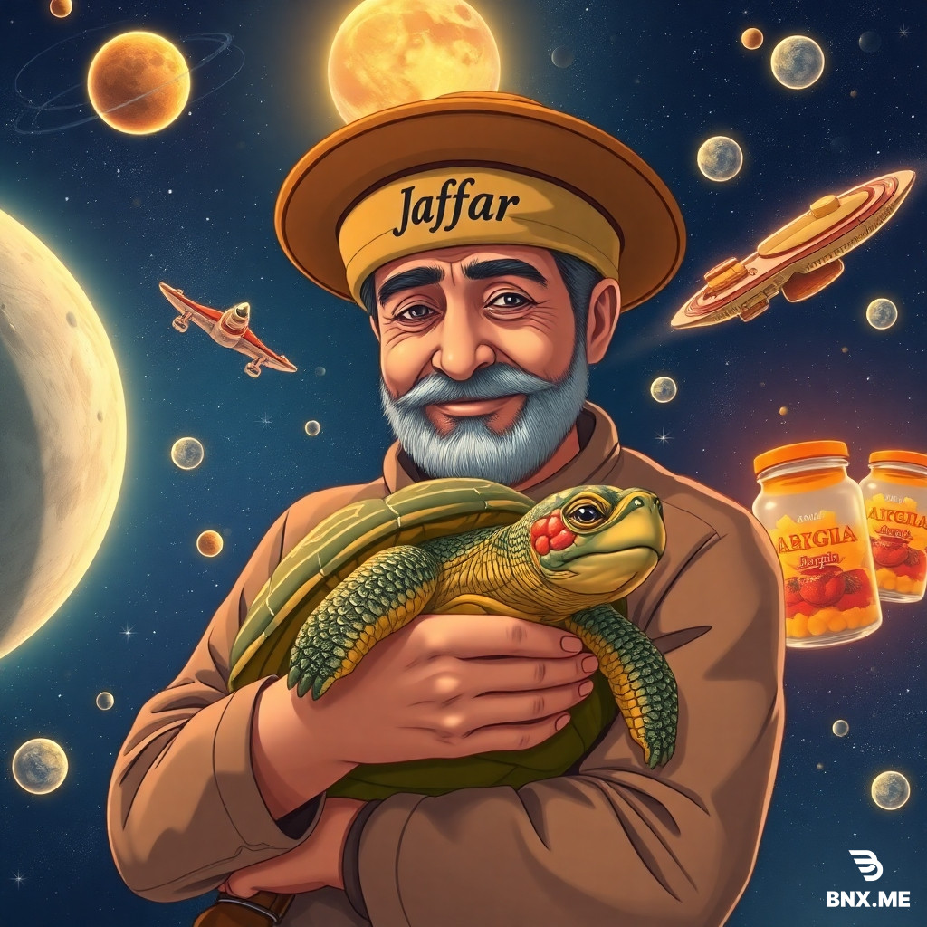 A Ghibli-style illustration A Dagestan man wearing a hat hugs a turtle at chest level, with galaxies and space ships in the background. Also in the background, glass jars of canned turtles and Dargin peppers fly through space. Superrealism. 4K. Above the man is the inscription ‘Jaffar.’