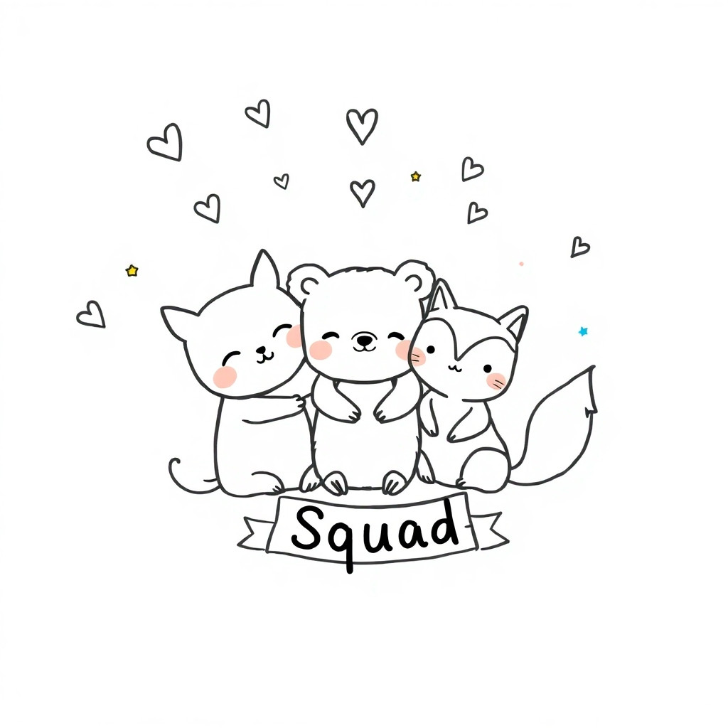 A hand-drawn black-and-white doodle of five cute little animal friends (cat, bunny, bear, fox, frog) all hugging in a circle, smiling with closed eyes. Around them: floating hearts, tiny stars, confetti dots, and a banner saying "Squad". Simple, uneven thin lines, kawaii style, no shading, white background with soft pastel tints.