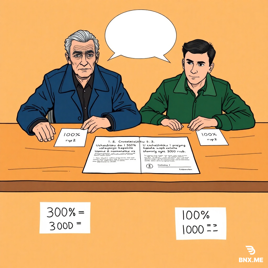 Colorful european comic book style, ligne claire, clear black ink outlines, flat colors, no shading. Two men sitting at a wooden brown table. Left: elderly Sidorov (dark blue jacket, gray hair, wrinkles). Right: young Petrov (dark green jacket, short dark hair). On the table between them: a large open contract with visible text "1.2. Uchastniku 1 prinadlezhit dolja 30% ustavnogo kapitala nominalnaja stoimost 3000 rub. Uchastniku 2 - 10% nominalnaja stoimost 1000 rub." Next to the contract, two large bold numbers drawn on white cards: "30% = 3000 руб." and "10% = 1000 руб." with a simple drawing of a coin icon next to each (circle with "₽"). Above each man's head: empty white speech bubble, completely empty. No other people. Background pale orange. Flat colors.