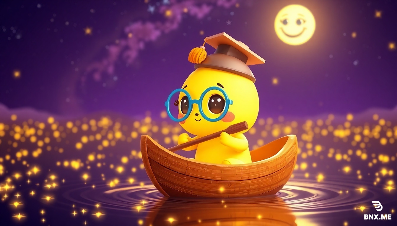 "3D animated scene, cute golden star character Lumi with oversized round baby-blue glasses slightly crooked, tiny tilted graduation cap with dangling gold tassel, big round brown eyes with long eyelashes and shiny catchlights, rosy pink cheeks, small heart-shaped smile, short chubby arms with rounded fingers, stubby legs with tiny toes. Lumi is sitting on a small wooden boat shaped like a crescent moon, floating on a magical river of twinkling stars in the night sky. Lumi holds a tiny wooden oar, swinging it gently through the starry water, creating ripples of golden light. The boat rocks gently back and forth. Background: deep purple night sky, glowing Milky Way, friendly smiling moon in the distance, sparkling stars everywhere, soft glowing clouds. Pixar/Illumination style, soft volumetric rim lighting, vibrant preschool colors, glossy textures, high detail, 8k resolution, bright cheerful expression, cinematic wide shot, magical atmosphere."