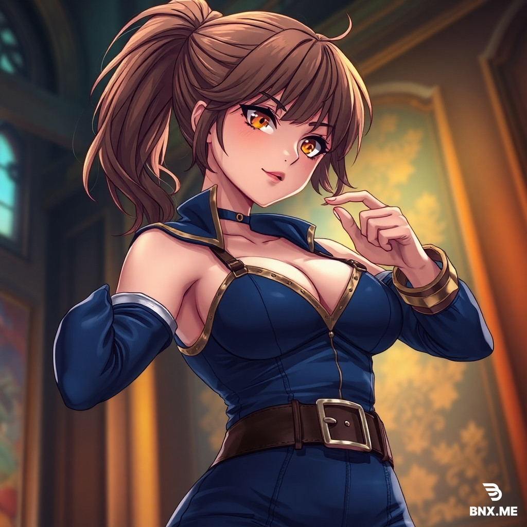 (masterpiece, best quality, highres:1.2), detailed anime illustration, 2D cel shaded art style, 8k resolution, intricate textures on fabrics and skin, glossy latex and leather textures, soft diffused lighting with dramatic rim lighting, dynamic shadows, vibrant color palette, low angle camera shot, medium shot, depth of field, blurred background, negative space balancing the subject, detailed hair strands, glowing atmospheric light, cinematic composition, volumetric lighting, sharp focus on subject.  (masterpiece, best quality, highres:1.2), 1girl, (suggestive:1.2), (curvy figure:1.2), (revealing outfit:1.1), tight clothing, (deep cleavage:1.1), glossy skin texture, (seductive pose:1.1), alluring eyes, dynamic camera angle, low angle shot, exaggerated proportions, (wet look glossy fabric:1.1), (anime cel shading, hard shadows:1.3), dramatic rim lighting, 2.5D illustration style, depth of field. (1girl, brown hair, messy ponytail, golden eyes), (tight dark blue wizard uniform, gold trims, leather belt, deep neckline:1.2), (leaning forward pose, low angle shot, accentuated hips:1.2), holding a black tarot card, seductive gaze, (medieval cobblestone street, warm sunlight, daytime), (anime cel shading, dramatic shadows, hard shadows), (masterpiece, best quality, highres, 2.5D illustration style).