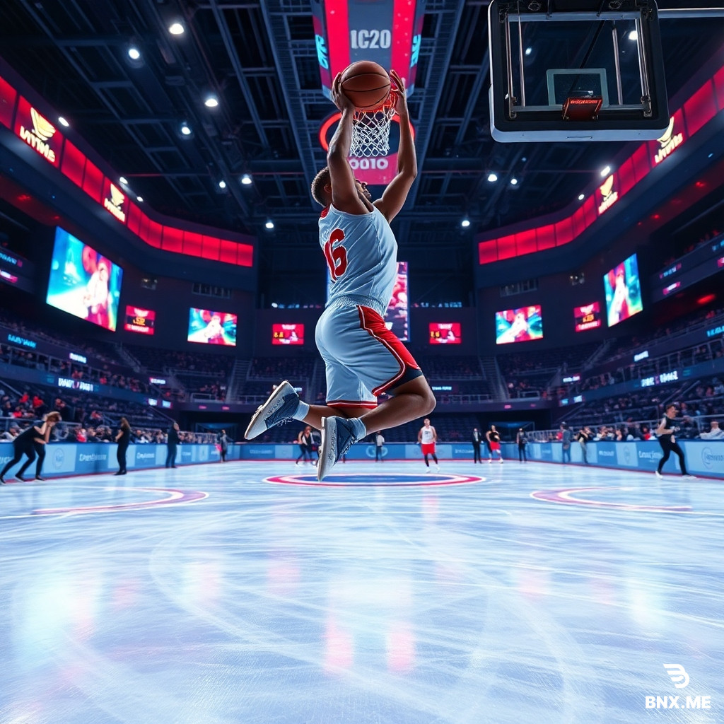A futuristic high‑tech indoor basketball arena, immersive LED displays and holographic scoreboards, a basketball game played on ice, athletes in classic‑cut basketball jerseys and shorts but made of sleek smart fabrics with subtle glowing seams, wearing figure skates, each player leaves a bright colored ice trail behind their skates matching their team color (red team vs blue team), dynamic mid‑action shot: a player leaping for a slam dunk, ice shavings flying, neon trails swirling on the ice, cinematic lighting, sharp focus, hyper‑realistic, 8k, epic sports photography style.