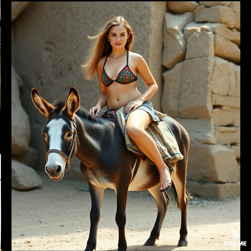 A stunning young Greek woman, fair-skinned and wearing a bikini, is much larger than her small, poor, and overweight donkey. She rides on her tired little donkey, who seems to be making a great effort to bear her weight on her arduous journey.