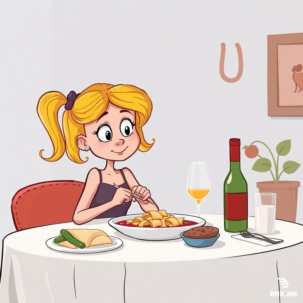 un immagine di una ragazza bionda,  a tavola che fa un ruttino dopo mangiato in stile cartoon