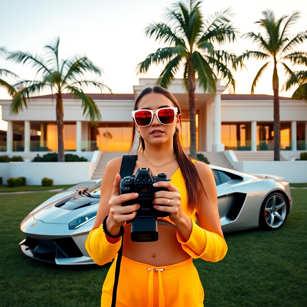 Vlogger screenshot from 2020, in front of a luxury villa. The young vlogger stands in front of a sprawling white villa, mid-sentence, holding a handheld camera. Palm trees sway gently in the background, and the large windows of the villa reflect the golden hour sunlight. The image quality is mediocre, with a slightly grainy resolution. The vlogger wears oversized sunglasses, and a neon-colored outfit, while an expensive sports car sits parked in the driveway behind her. The photo feels staged but casual, capturing a typical influencer moment.