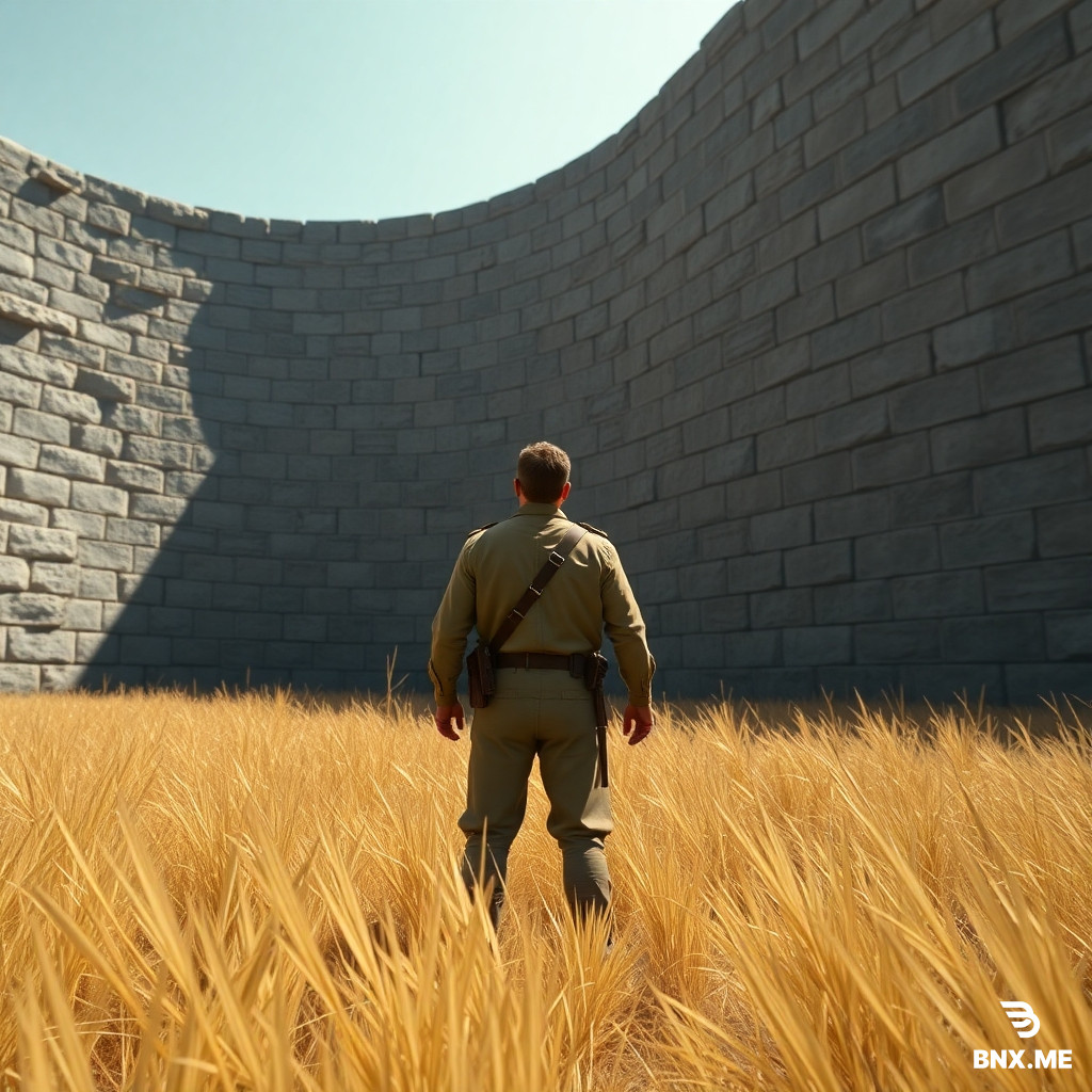 A cinematic, wide-angle 3D-rendered shot. A 19th-century Victorian explorer in tattered khaki gear stands frozen in high, sun-bleached grass. He is looking up in awe at the massive, curved granite walls of the Great Enclosure. The stone blocks are perfectly dry-laid, fitting seamlessly. Dramatic lighting, long shadows, photorealistic, hyper-detailed textures, 8k resolution, historical thriller aesthetic.