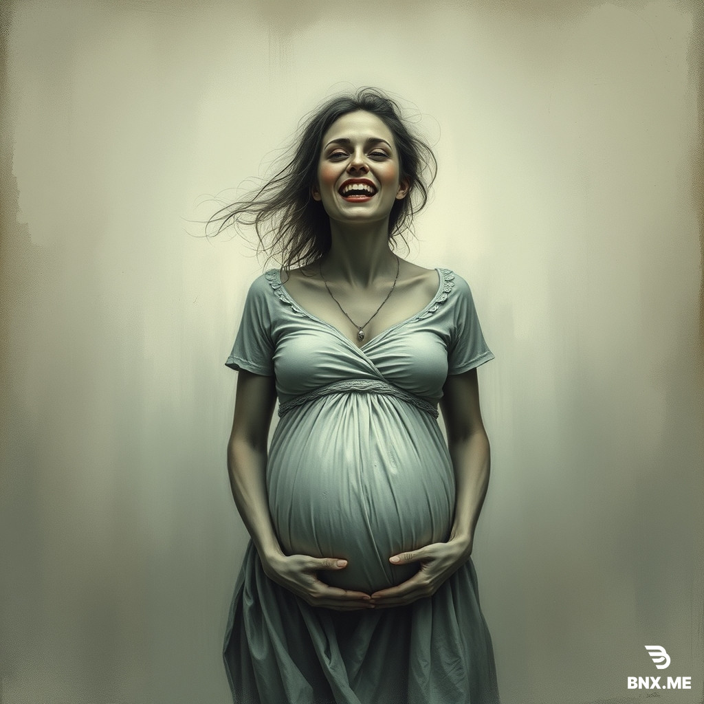 Généré moi une image d'une femme moche et terrifiant et qui sourie elle et enceinte mais mort une âme