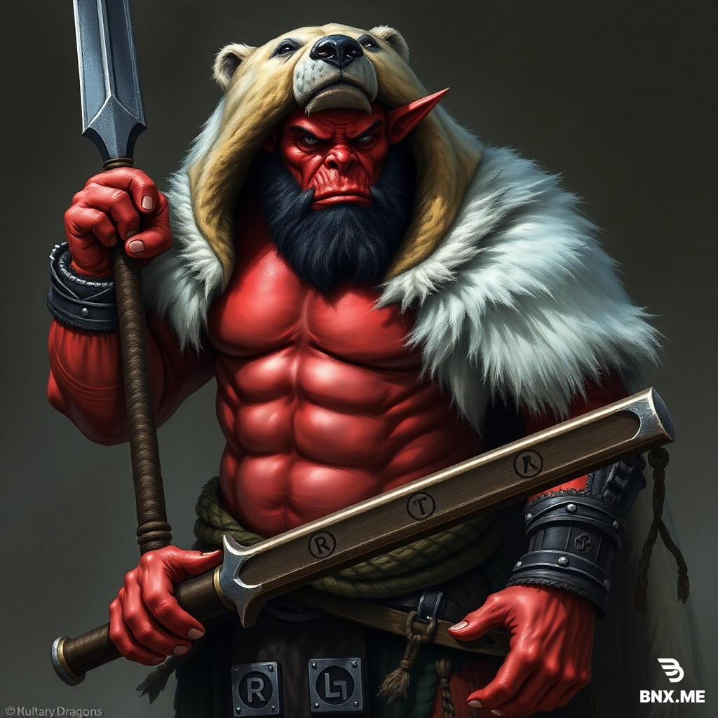 Dungeouns and Dragons, Ultra detalied Dark fantsy stylish art. Red-brown skinned strong skilled barbarian orc with solid face. Bare torso with polar bear cape with hood from head of a bear. Orc is holding a longsowrd with runes on it.