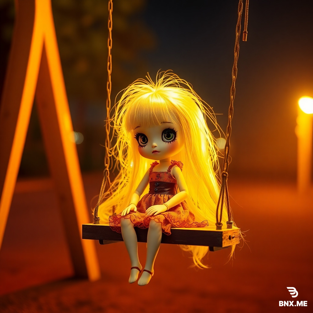 A doll with golden hair sitting on a swing.