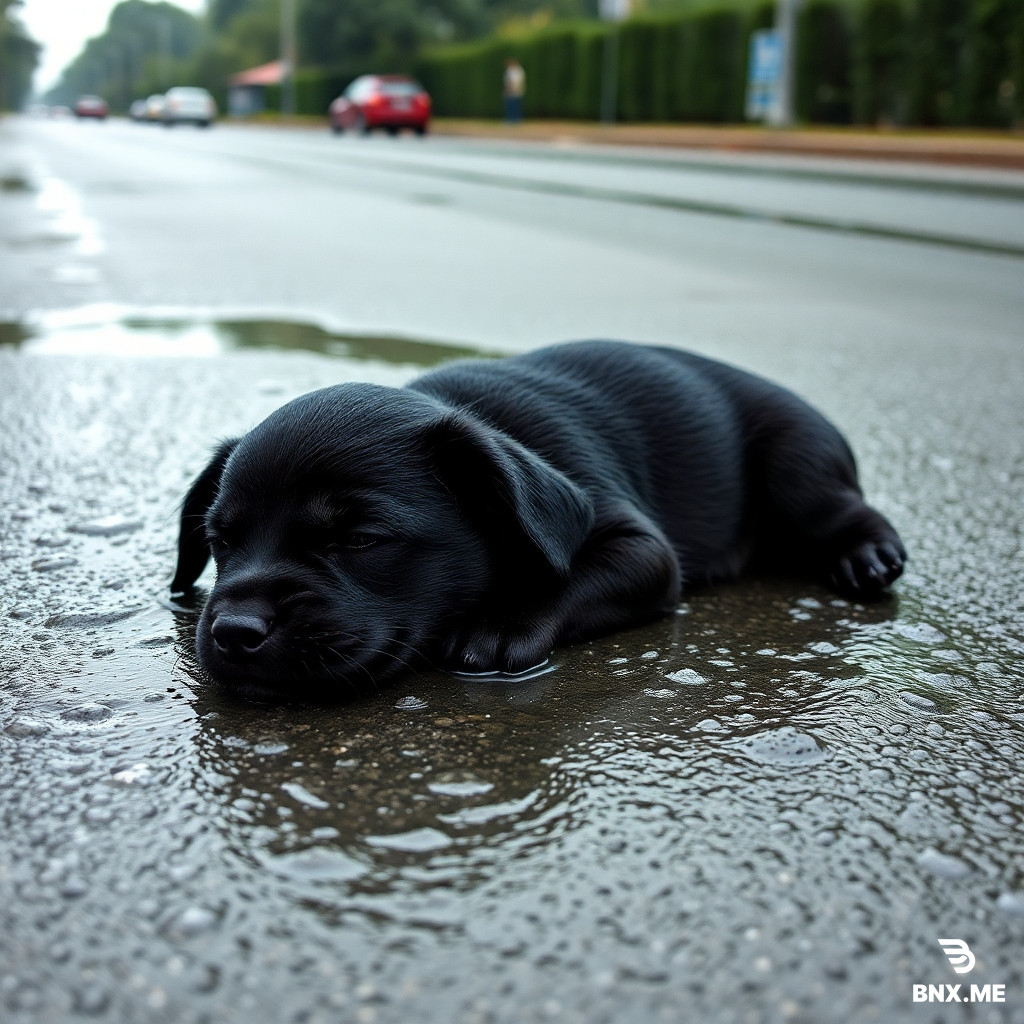 The rain keeps falling harder. The small black puppy lies down on the wet road, his body shaking softly. His eyes are half-closed, tired and sad. Around him, puddles ripple with every drop. No cars pass now — only silence and rain. He raises his head for a moment, looking toward the empty street, then slowly lowers it again, resting it on his paws. His fur drips with water, and his breathing is weak but gentle.