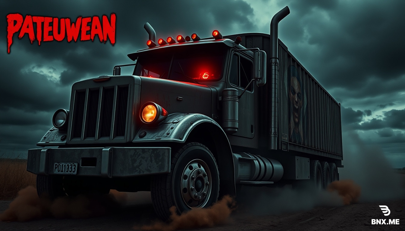 Possessed demonic truck with no driver, glowing red eyes instead of headlights, snarling front grille like a mouth, smoke and dust around wheels, horror movie poster, dark dramatic sky, terrifying atmosphere