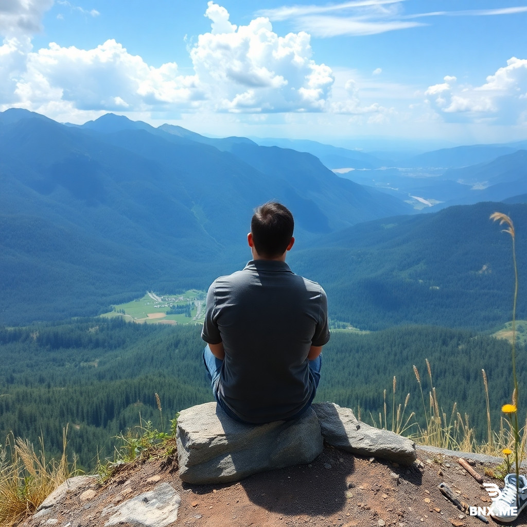 can you make a picture of a man sitting on top of a scenic landscape facing away to the landscape
