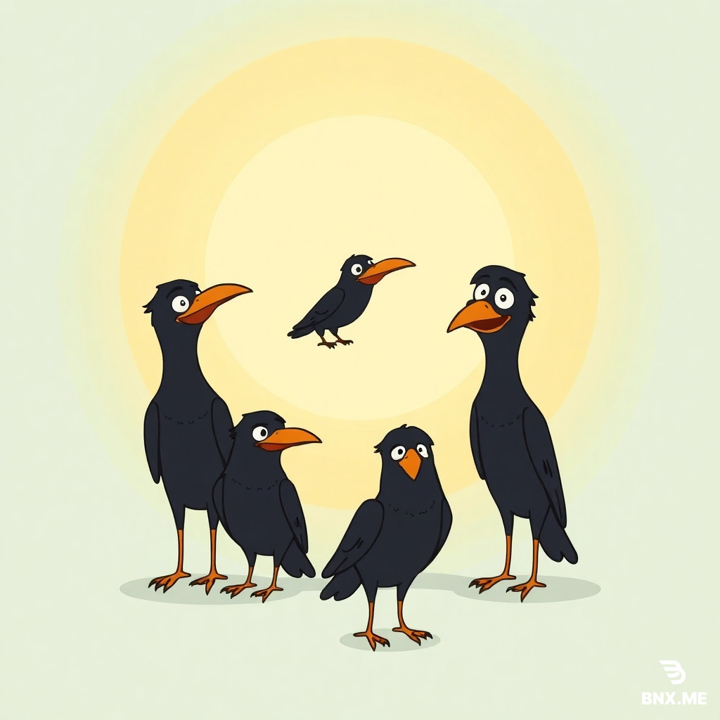 Generate a cartoon like image that shows visually the group name for crows