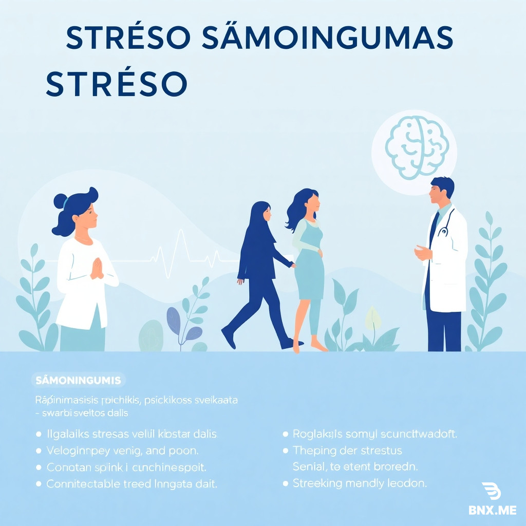 Prompt:  Create an informative, calm healthcare poster about stress awareness designed for a doctor's office waiting room. The style should be modern, clean, and professional with soft blue and green color tones.  The scene should include a diverse group of adults in a soothing, supportive environment:  one person practicing deep breathing exercises, another walking calmly in nature, and a healthcare professional speaking gently with a patient.  Include subtle, symbolic medical and mental health elements such as:  a heart rate line transforming into a smooth, calm wave, a brain icon intertwined with leaves representing relaxation and mental wellbeing.  The overall mood should be reassuring, empathetic, and educational.  Add clear, well-structured Lithuanian text in a modern sans-serif font with strong readability:  Title: “STRESO SĄMONINGUMAS” Subtitle: “Rūpinimasis psichikos sveikata – svarbi sveikatos dalis”  Bullet points:  “Ilgalaikis stresas veikia kūną ir emocijas” “Dažni požymiai: nuovargis, nerimas, miego sutrikimai” “Padeda: judėjimas, poilsis, kvėpavimas, pokalbiai” “Kada kreiptis: jei simptomai tęsiasi ilgai”  Design requirements:  Suitable for printing in a medical clinic Minimal clutter, high clarity, balanced layout Soft lighting, realistic but slightly stylized illustration No logos, no brand names, no watermark Professional healthcare infographic style
