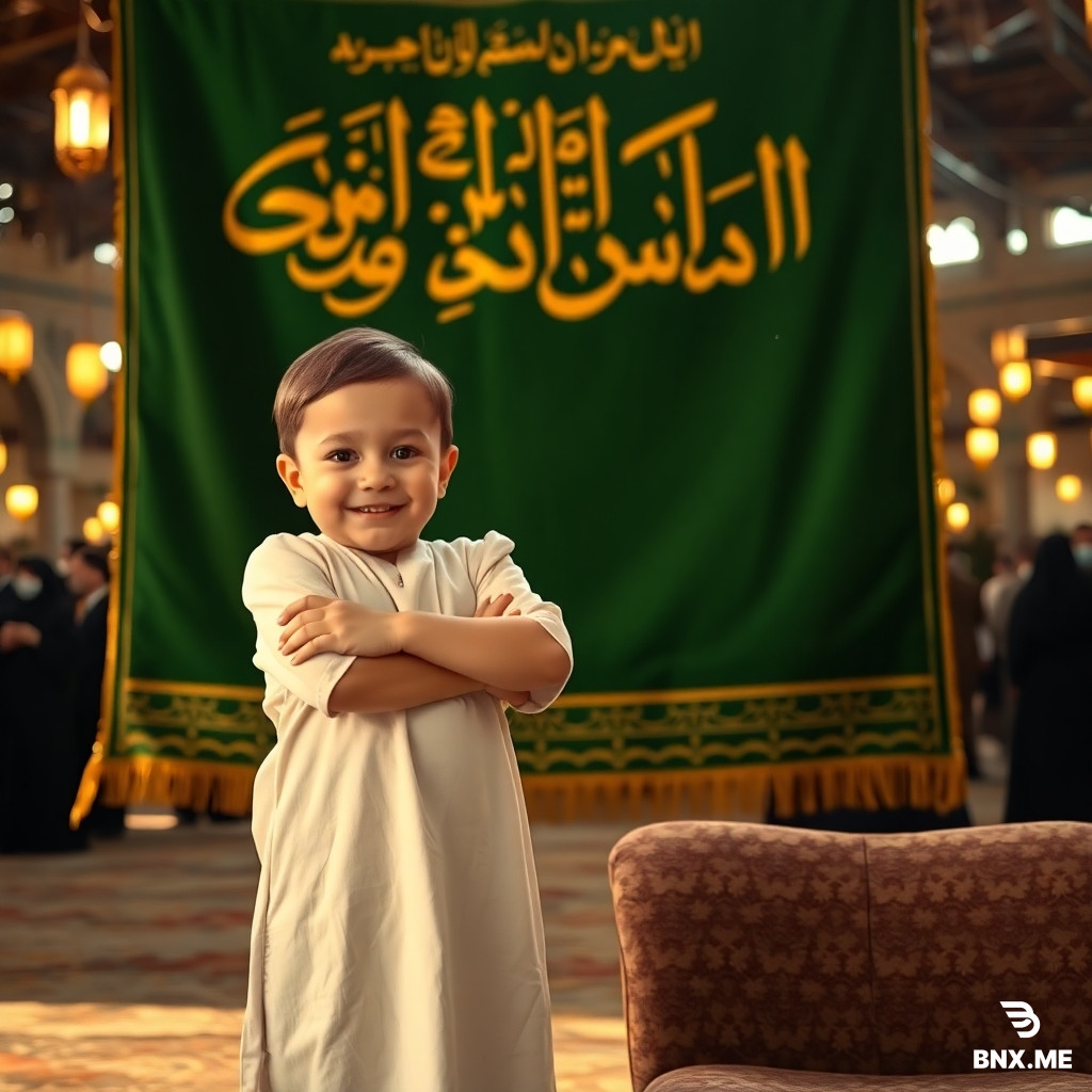 A candid portrait of a young toddler pilgrim, arms crossed with playful confidence, wearing a simple white ihram-like tunic and black sandals, standing in front of a green velvet banner adorned with golden Persian calligraphy of "Ya Hussain", soft ambient natural light gently highlighting the child's innocent smile and rosy cheeks, warm golden and deep green color palette, plush textured fabric of a traditional chair beside him, floral patterns suggesting comfort and homey security, background showing a crowded Hussainiya with mourners in black, lanterns hanging from the ceiling, dust particles floating in warm light rays, emotional and spiritual atmosphere, intimate documentary style, shallow depth of field, nostalgic film-like quality, cultural authenticity, endearing and meaningful, 8k, photorealistic --ar 3:4
