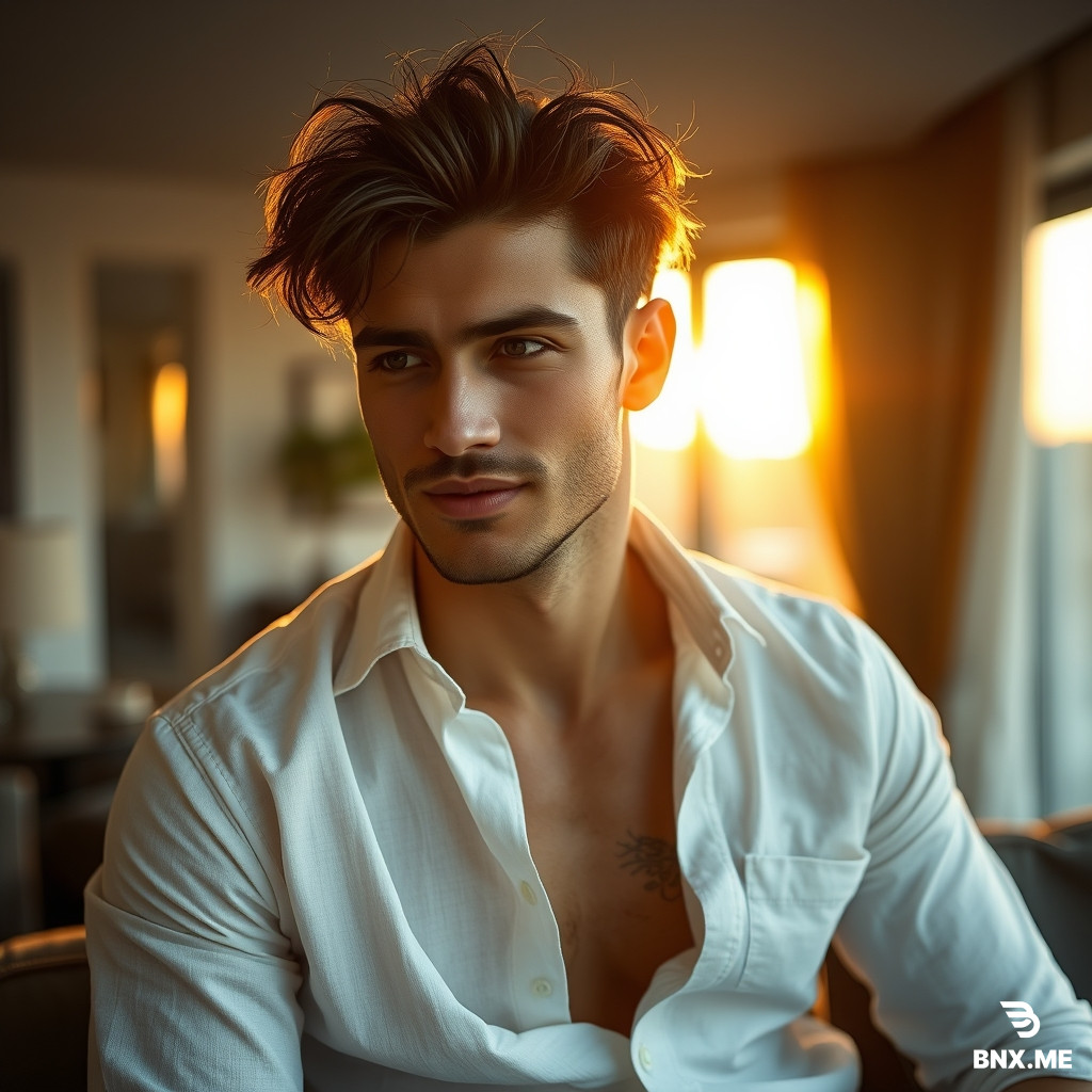 Portrait of a fit Persian man with fair skin, late 20s, clean-shaven or light stubble, sharp cheekbones, wearing an unbuttoned white linen shirt showing a bit of his chest collar bone, sitting in a modern luxury apartment during golden hour sunset, warm orange sunlight hitting his face, natural confident smirk, messy windswept hair, looking away from the camera with a subtle flirtatious side-eye, soft focus background, editorial GQ magazine style, realistic, 4k, ultra detailed --ar 3:4