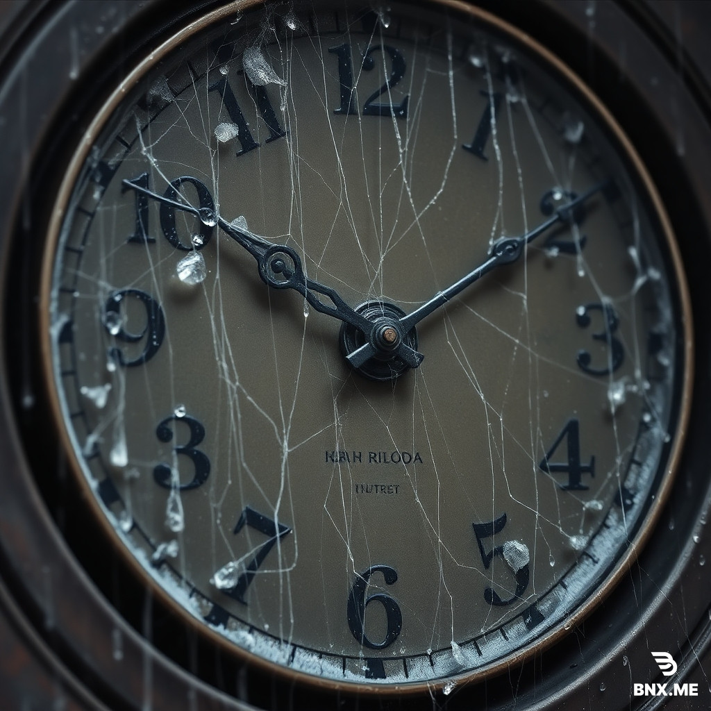 Extreme close-up of an old antique wall clock, the hands are frozen and rusty, spider webs covering the clock, rain drops falling on the clock face, dark grey atmosphere, representing time standing still, anime style.