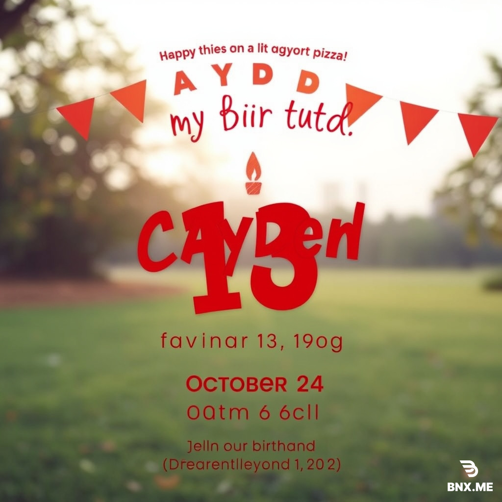 Generate an invitation for Cayden’s birthday he is turning 13 years old at Cayden’s house. We are having pizza on October 24 from four to 6 o’clock. Don’t go overboard with all the symbols and stuff. Just make it nice and simple and just make it look good, please.