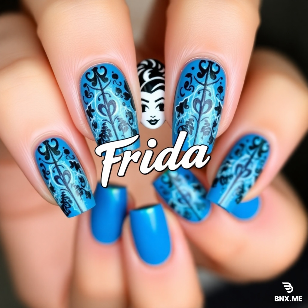 Genera un logo para Frida nails art que tenga como colores el azul