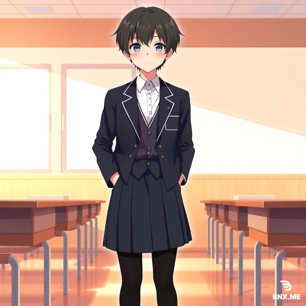 Full body illustration of a cute androgynous anime boy with soft facial features and short dark hair. Wearing a Japanese school uniform with a dark pleated skirt, white shirt and dark blazer. Black thigh-high stockings, neat appearance, modest and stylish outfit. Gentle shy smile, slight blush. Standing in a bright classroom with warm sunlight. Wholesome, romantic anime atmosphere, highly detailed, clean lineart, high quality, vibrant colors.