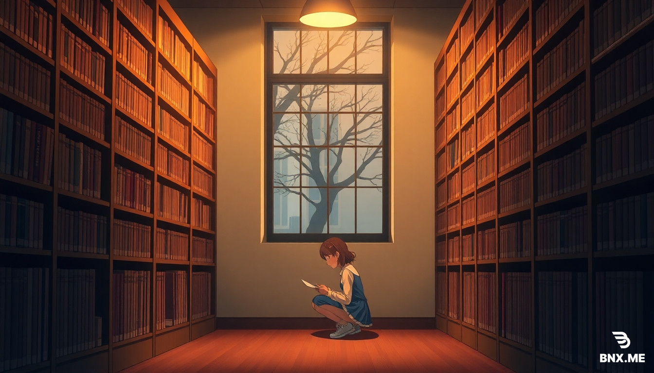 anime cinematic illustration, Makoto Shinkai style, quiet university library interior, L-shaped corner between two tall bookshelves, a girl crouching on the floor crying holding exam papers, Y-shaped tree branch shadow cast through window on the wall, warm lamp light, emotional and melancholic, detailed interior, widescreen 16:9 composition