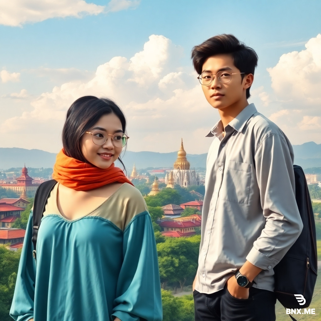 Would you please make an adv for a shop, "King" Fashion, that sells clothing for young people? The background landscape be Mandalay City in Myanmar as the shop is in that city and all people must be Myanmar young people. Landscape, Canvas size 6x4 inches, 300 DPI, RGB color