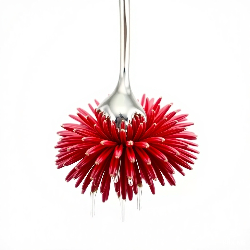 A Leucospermum with chrome paint dripping off it. The Leucospermum should look like it was partially dipped in the shiniest chrome paint possible. The flower and paint should be suspended in mid air. The background should be soft plain white. The image should look like it was shot on a iphone with realistic effects and soft glow the image should be 300dpi and the size should be 10,500dpi x 13,800dpi in portrait mode.