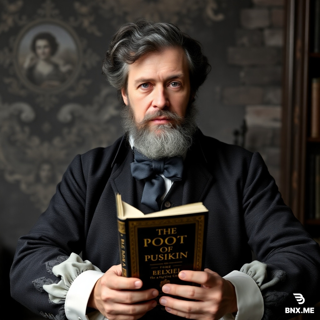 old alexander pushkin the poet with sideburns and his new bestselling book in his hands