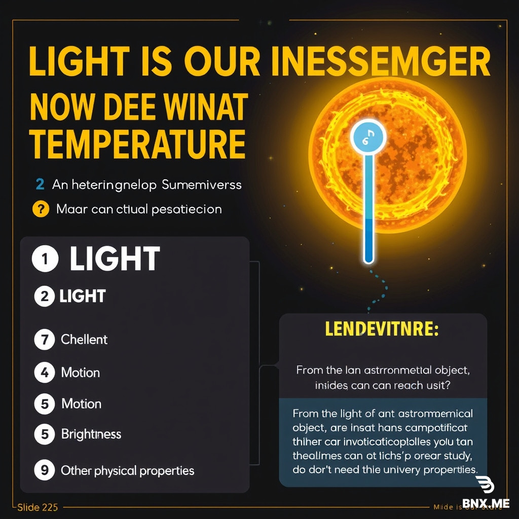 Make infographic for this HOW DO WE KNOW A STAR'S TEMPERATURE? We can't touch it. We can't put a thermometer inside it. So what can reach us? 💡 LIGHT 🟦 Slide 25 — Light Carries Information 💡 LIGHT IS OUR MESSENGER From the light of an astronomical object, astronomers can investigate things such as: 🌡️ Temperature ⚛️ Chemical composition 🚀 Motion 💡 Brightness 🔭 Other physical properties We don't need to touch the Universe to study it.