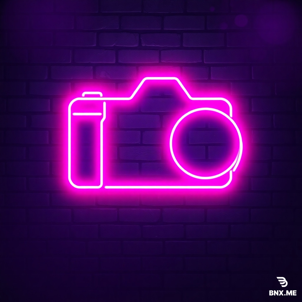 Neon sign logo for a photographer. The silhouette of a camera body or lens shape drawn in glowing magenta and cyan neon tubing. Realistic light bloom and haze effect on a dark charcoal brick wall background. Cyberpunk edge, music venue vibe, high resolution, ultra detailed --ar 2:1