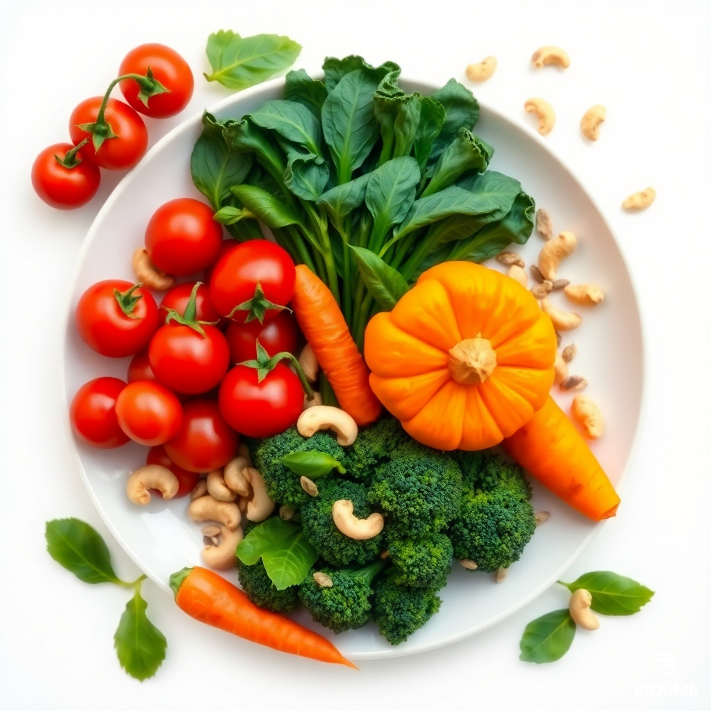 colorful plate with red (tomatoes, peppers), green (spinach, broccoli), orange (carrot, pumpkin), seeds, cashews, the plate should be with the above vegetables on an immaculate white background