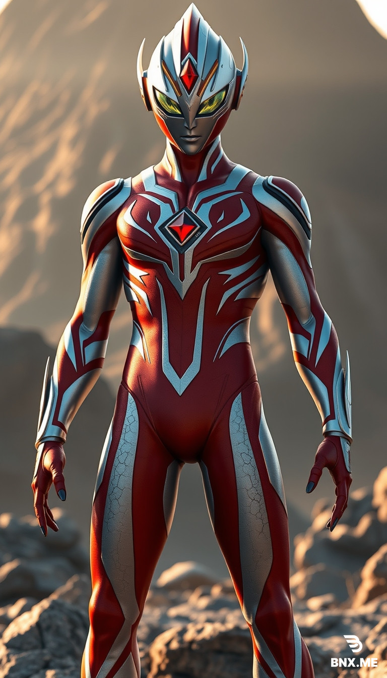 一个奥特曼，以盖亚奥特曼为An Ultraman redesigned based on Ultraman Gaia. Streamlined physique, slender but not thin, with clear muscle lines. Main colors are rock red and cool silver-gray, with dark gold earth-vein patterns extending from the chest to the limbs. Head retains Gaia's iconic tear-drop shaped eyes, crest is arc-shaped with slight angular edges on both sides, with an inverted triangular red crystal in the center of the forehead. Color Timer is located in the center of the chest, shaped as an irregular hexagon with slight crack-like textures on the edges. No heavy armor, all textures are form-fitting thin layers. Dynamic combat pose, background with Earth's natural landscapes, warm lighting. CG texture, high detail, cinematic lighting, photorealistic, 8K, full body.设计基础进行改造。流线型身材，修长但不单薄，肌肉线条清晰。主色调为岩石红和冷灰银，表面有暗金色的地脉纹路从胸口向四肢延伸。头部保留盖亚标志性的水滴形眼睛，头冠为圆弧形，两侧有轻微棱角，额头中央有一枚倒三角形的红色水晶。彩色计时器位于胸口中央，形状为不规则的六边形，边缘有轻微的裂纹纹理。全身不加厚重装甲，所有纹理都是贴身的薄层。动态战斗姿态，背景为地球的自然景观，光线温暖。CG质感，高细节，电影级光影，写实风格，8K，全身像。
