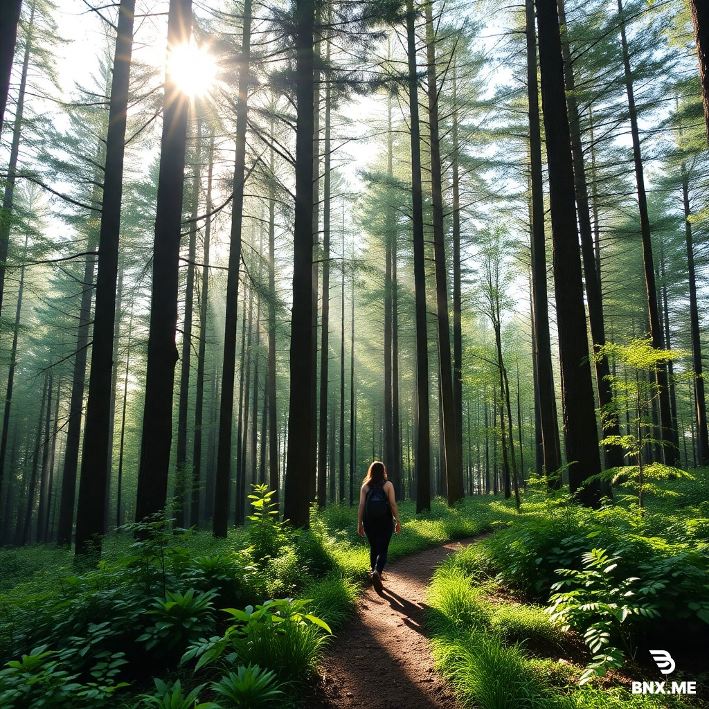 green forest, tall trees, sun beams, early morning, wlaking trail, women walking