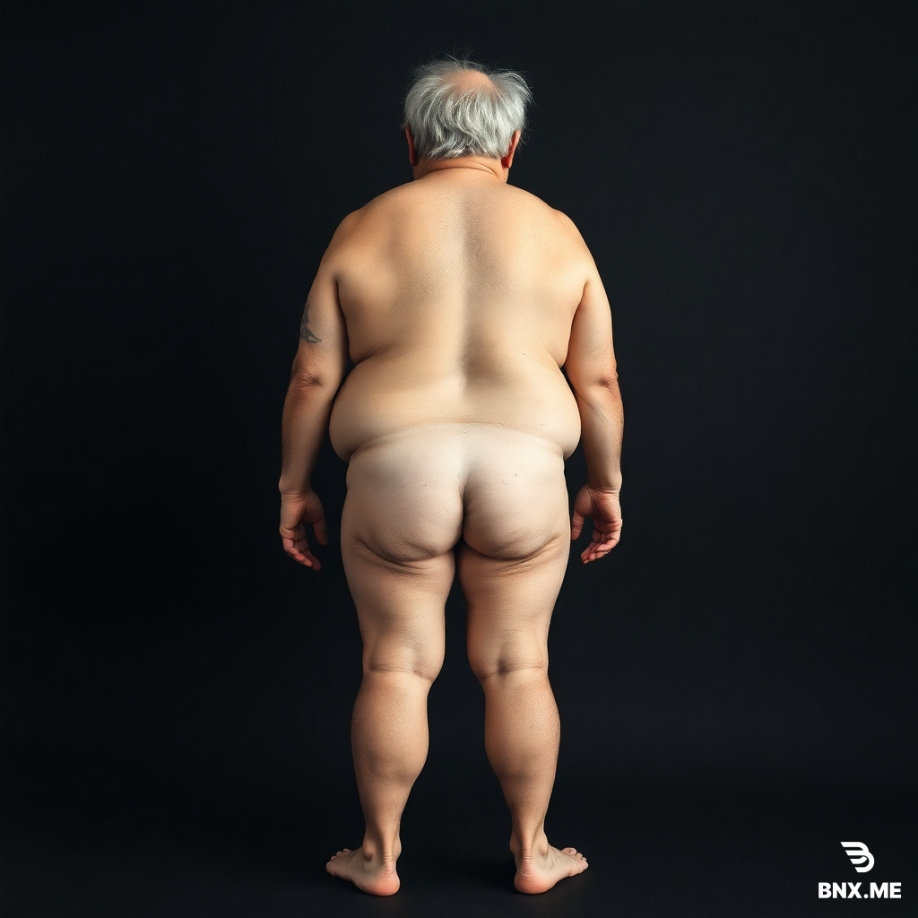 Show all the body from head to the footof the fat old man wearing nothing from behind