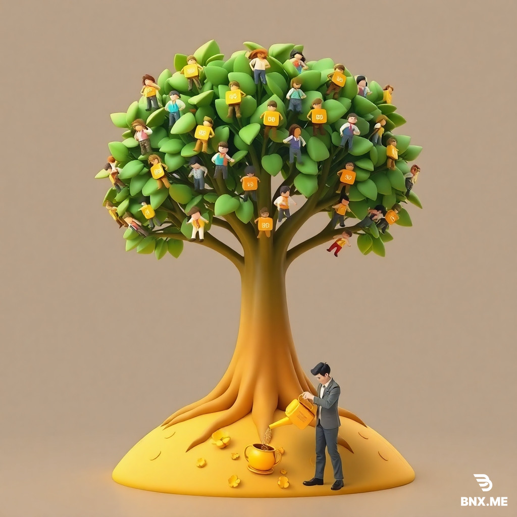 A heartwarming 3D illustration of a large, flourishing tree growing out of a globe. The leaves of the tree are actually diverse, miniature human figures holding hands, each with a small glowing "job" badge. Beneath the tree, a business owner is watering the roots with a golden watering can. Sunny, bright, optimistic colors, stylized realism, positive corporate vibe. --ar 1:1