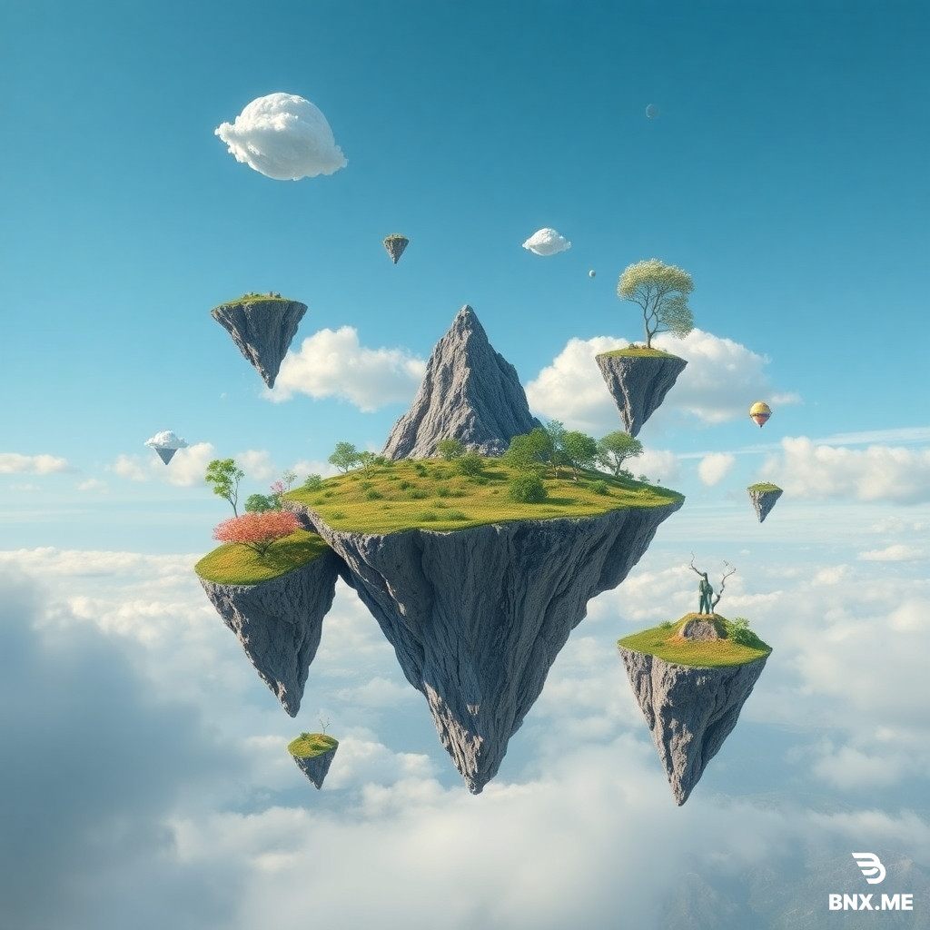 Generate a surreal landscape image featuring floating islands, upside-down mountains, and unconventional flora. Include a dreamlike quality, pushing the boundaries of reality. Conjure a scene that has imaginative and otherworldly elements