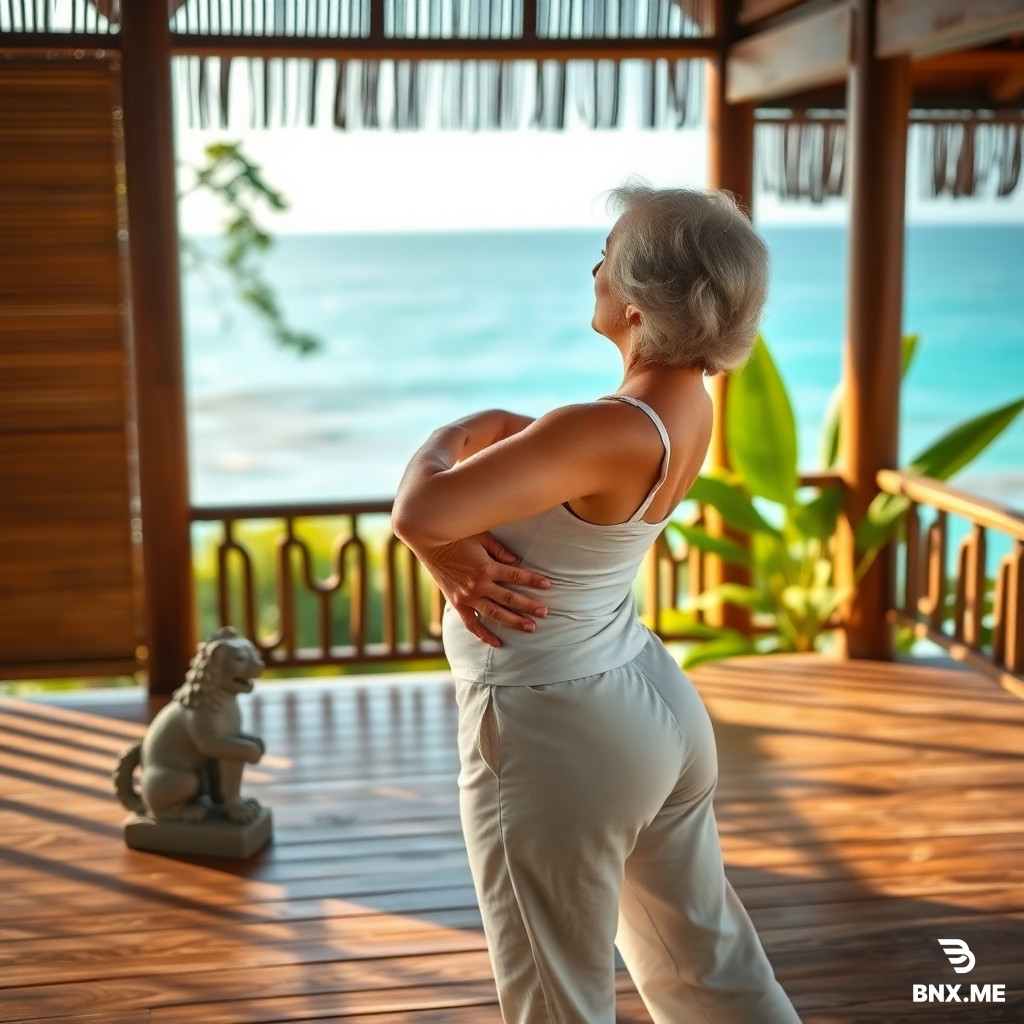 Photorealistic, soft morning light on a indian traditional japanese Okinawan wooden veranda overlooking turquoise sea. A woman aged 65 with silver hair gracefully performs a gentle hip‑opening yoga pose. She wears simple white cotton clothes. In the background, a small stone shisa lion and green tropical leaves. Warm, peaceful, active aging. Canon R5, 85mm lens, golden hour, high detail.