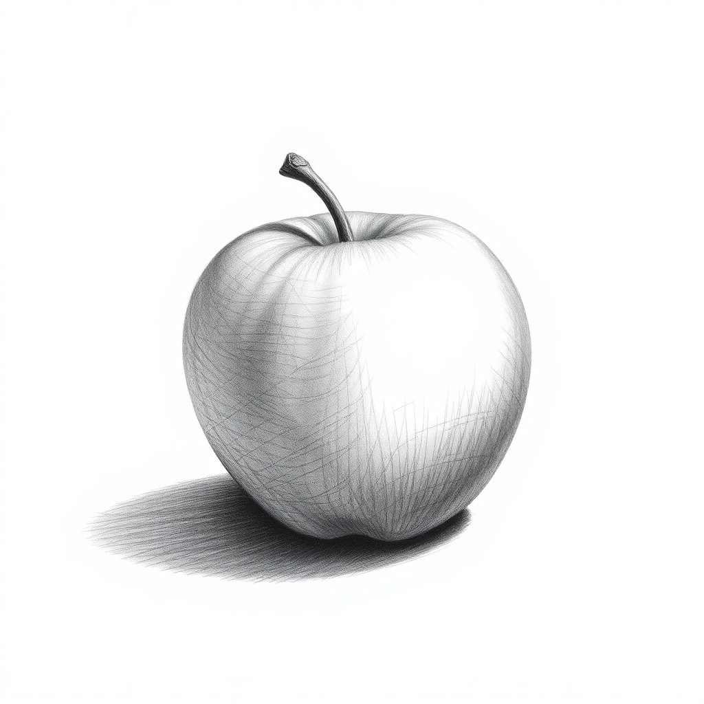 A black-and-white pencil drawing of a single apple, ultra-detailed graphite sketch, strong B6 pencil shading, dark soft shadow beneath the apple, plain white background, high contrast, realistic texture, monochrome, no color, traditional art style"