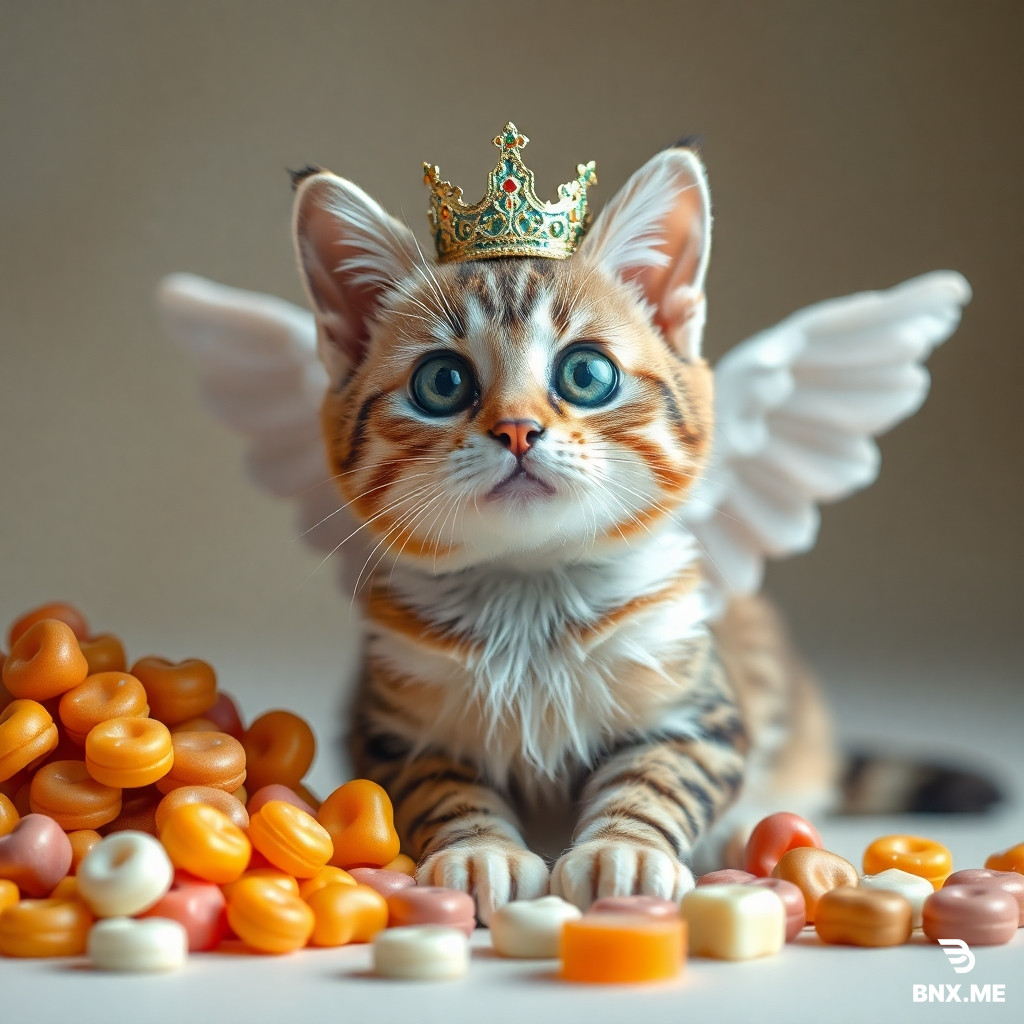 A cat with wings and a crown, next to a pile of sweets