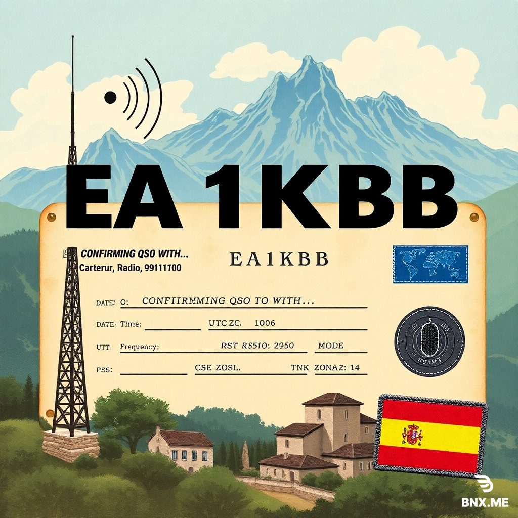 A vintage-style QSL card for amateur radio station EA1KBB, with a prominent and bold call sign dominating the front design. The background is a scenic, painterly landscape of Cantabria, Spain, featuring the dramatic peaks of the Picos de Europa mountains, green valleys, and a traditional stone village.  Include the following ham radio elements integrated naturally into the retro illustration:  Radio waves emitting from a stylized antenna tower or mast silhouette  A QSO data window or information panel on the card (like "CONFIRMING QSO WITH...", date, time, UTC, frequency, mode, RST report) - these are essential QSL card elements   "PSE QSL" and "TNX QSL" text boxes (standard QSL courtesy phrases)   A small radio transceiver or vintage microphone icon  Grid locator or CQ Zone reference (e.g., "CQ Zone: 14")   Subtle propagation lines or world map outlines suggesting long-distance communication  A small Spanish flag patch sewn into the corner or bottom of the card  The image has a retro, not-too-realistic illustration feel, similar to a classic travel poster or a 1970s postcard. Use a red, blue, and black color palette (classic QSL colors) , with warm vintage tones. The style should be hand-drawn illustration quality with charming imperfections typical of amateur QSL designs