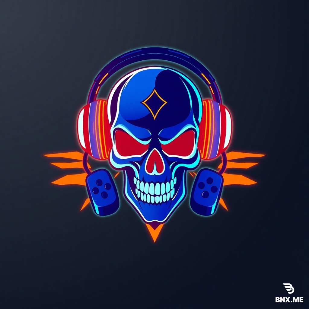 a cool esports logo for a streamer, stylized as a cyberpunk skull with gaming headphones and a controller, neon blue and orange colors, flat vector art, avatar design, transparent background