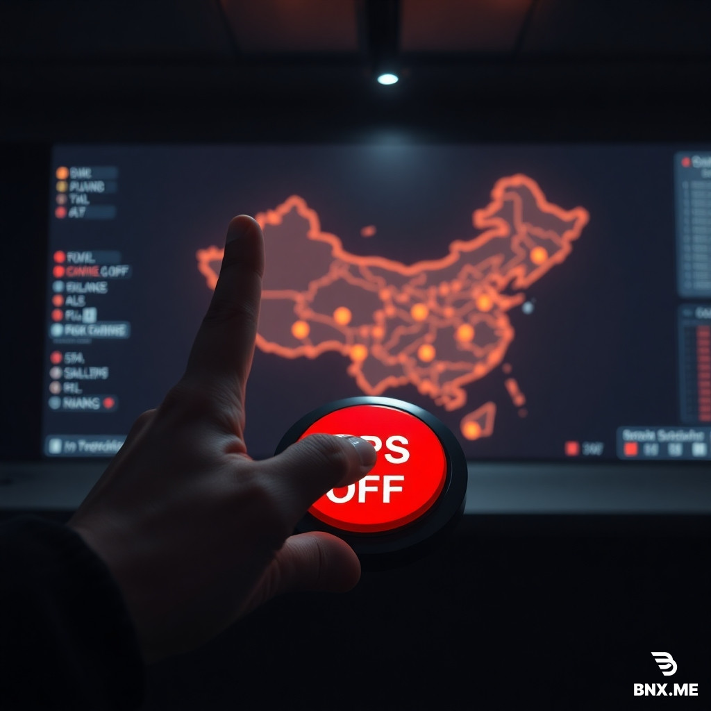 *A cinematic, symbolic shot from a dark control room. A single index finger hovers over a large red button labeled “GPS OFF”. In the background, a glowing night map of China is projected on a screen, with several key infrastructure icons (power plants, airport, stock exchange) turning grey or showing red warning symbols. The lighting is low-key, with the only illumination coming from the screen and a dim overhead spotlight on the button. Moody, tense atmosphere. 4K, photorealistic, movie poster composition.*