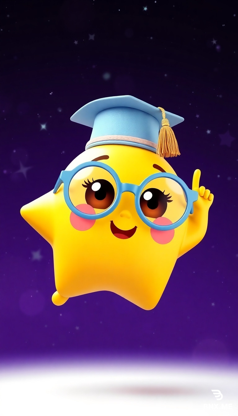 "3D animated cute golden star character Lumi with oversized round baby-blue glasses slightly crooked on face, tiny tilted graduation cap with dangling gold tassel, big round brown eyes with long eyelashes and shiny catchlights, rosy pink cheeks, small heart-shaped smile, short chubby arms with rounded tiny fingers, stubby legs with tiny toes, floating in center of deep purple night sky, pointing upward with excitement, stars twinkling around, happy wide-eyed expression, Pixar/Illumination animation style, soft volumetric rim lighting, vibrant preschool colors, glossy textures, high detail, 8k resolution, bright cheerful expression, vertical 9:16, white background with soft drop shadow for PNG transparency."