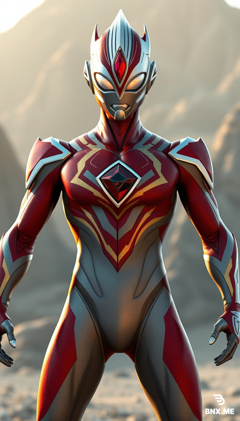 An Ultraman redesigned based on Ultraman Gaia. Streamlined physique, slender but not thin, with clear muscle lines. Main colors are rock red and cool silver-gray, with dark gold earth-vein patterns extending from the chest to the limbs. Head retains Gaia's iconic tear-drop shaped eyes, crest is arc-shaped with slight angular edges on both sides, with an inverted triangular red crystal in the center of the forehead. Color Timer is located in the center of the chest, shaped as an irregular hexagon with slight crack-like textures on the edges. No heavy armor, all textures are form-fitting thin layers. Dynamic combat pose, background with Earth's natural landscapes, warm lighting. CG texture, high detail, cinematic lighting, photorealistic, 8K, full body.
